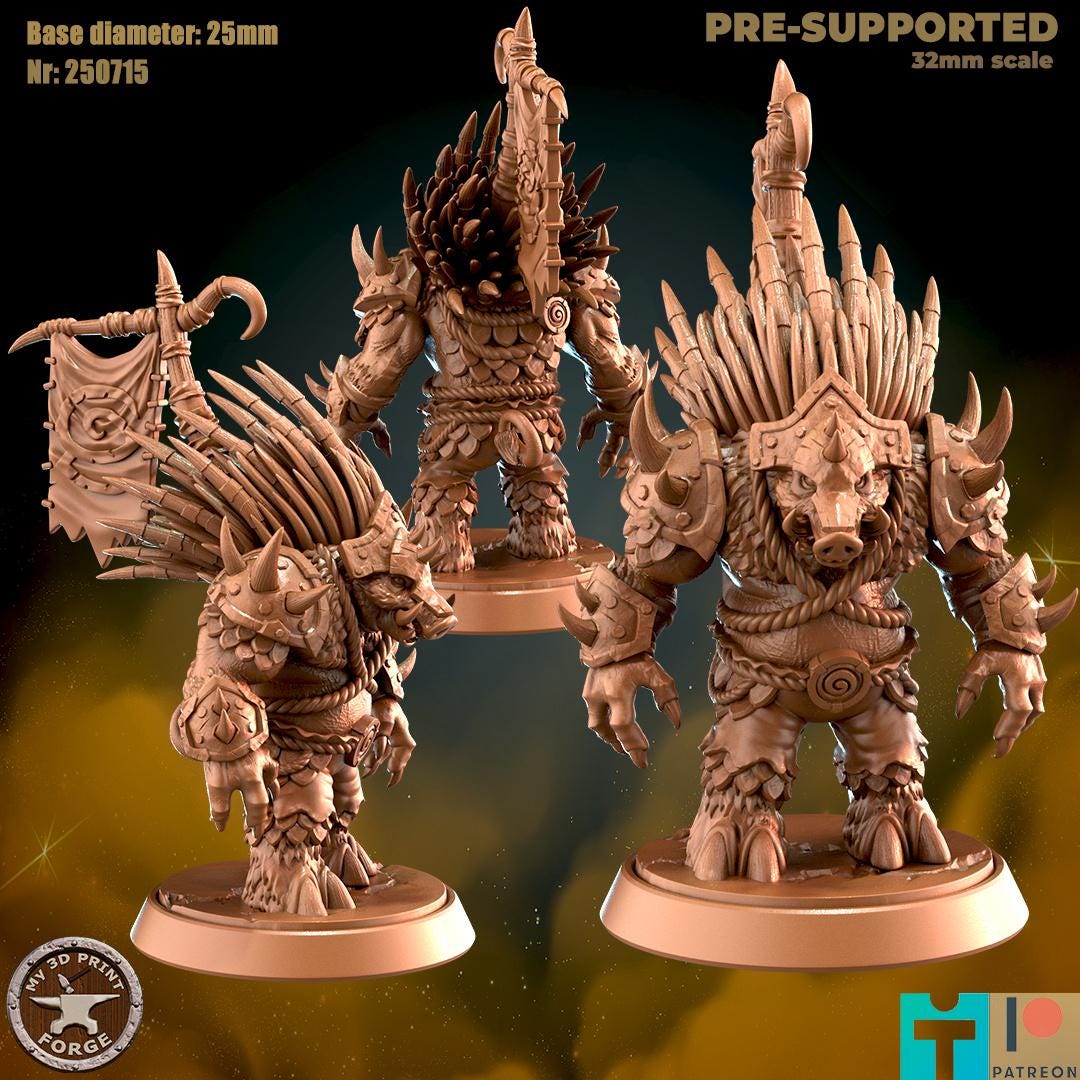 Spined Boarfolk Barbarian - 3 Poses - 32mm Scale - Unpainted Miniature for DnD, Pathfinder, Tabletop RPGs - My3dPrintForge