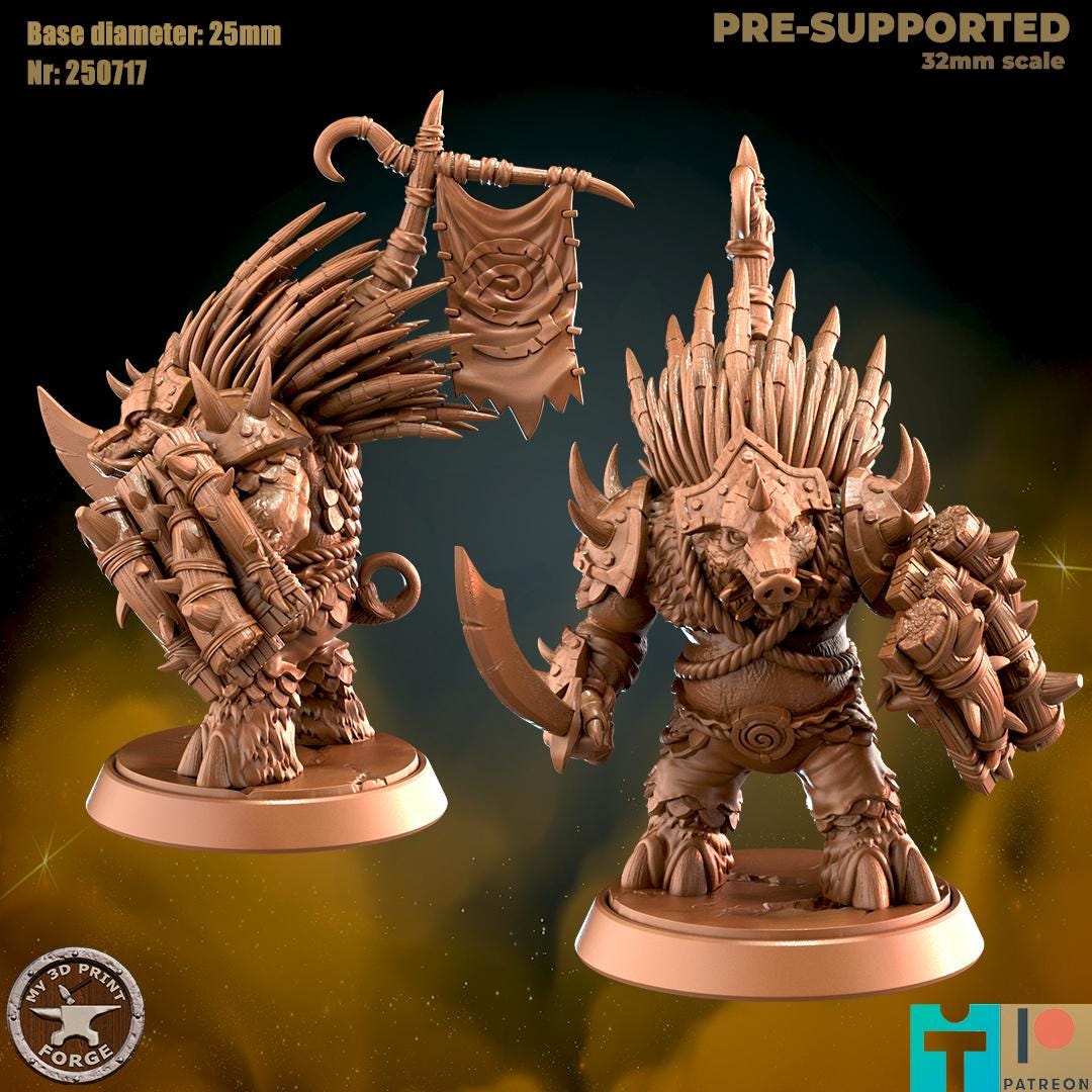 Spined Boarfolk Barbarian - 3 Poses - 32mm Scale - Unpainted Miniature for DnD, Pathfinder, Tabletop RPGs - My3dPrintForge
