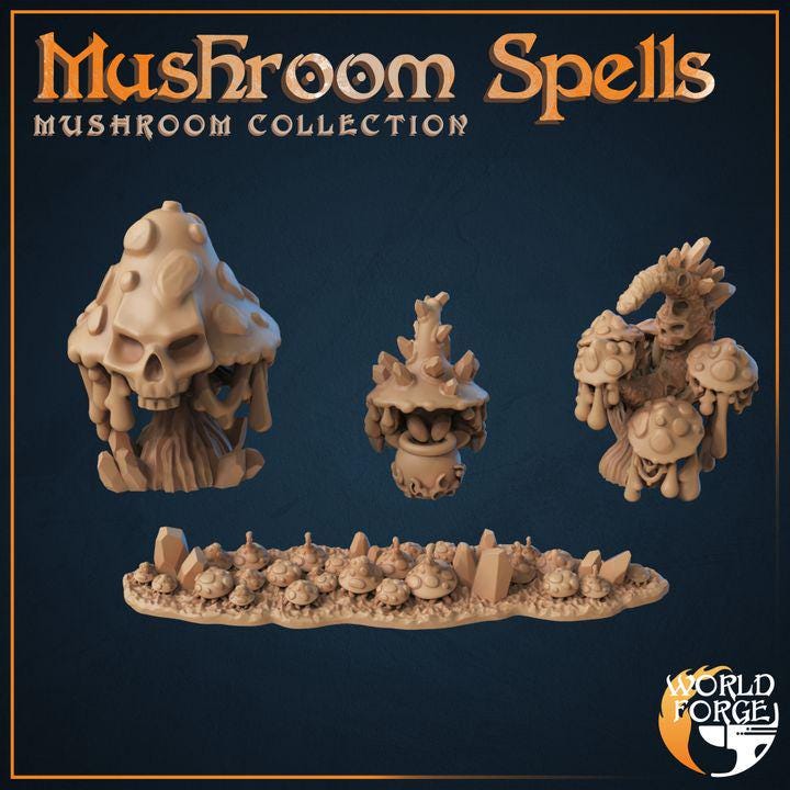 Mushroom Spells - Mushroom Collection - 32mm Scale - Unpainted Miniature for DnD, Pathfinder, Tabletop RPGs, and Dioramas - World Forge