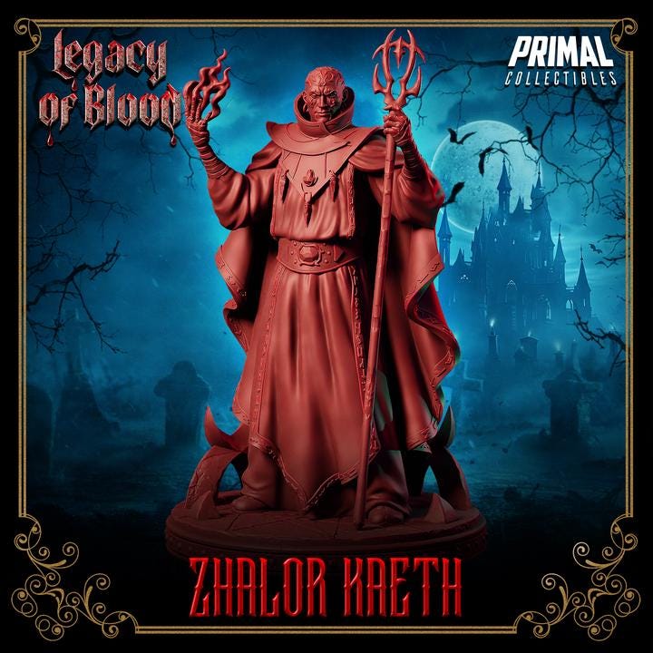 Zhalor Kaeth, Legacy of Blood - 28mm, 32mm, 75mm Scale - Unpainted Miniature for DnD, Pathfinder, Tabletop RPGs - Primal Collectibles