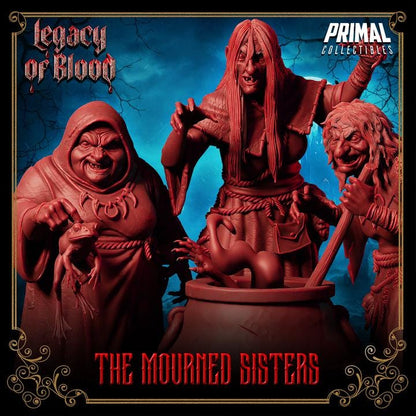 Witch Trio, The Mourned Sisters - 28mm, 32mm, 75mm Scale - Unpainted Miniature for DnD, Pathfinder, Tabletop RPGs - Primal Collectibles