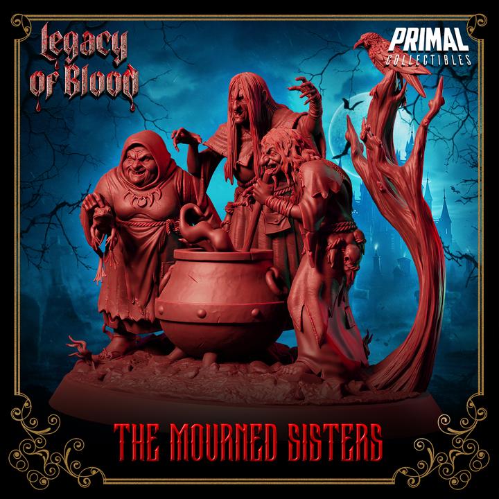 Witch Trio, The Mourned Sisters - 28mm, 32mm, 75mm Scale - Unpainted Miniature for DnD, Pathfinder, Tabletop RPGs - Primal Collectibles