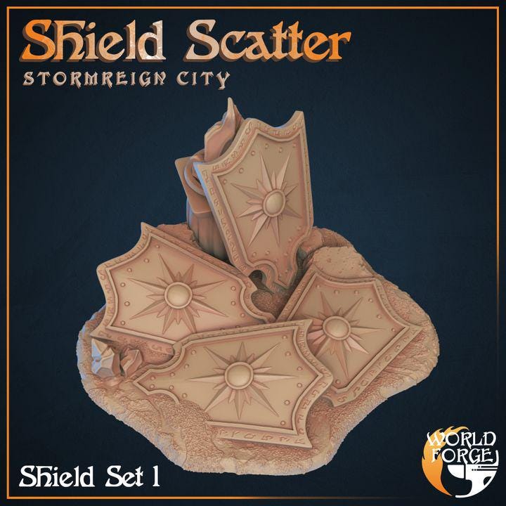 Shield Scatter - Stormreign City - 32mm Scale - Unpainted Miniature for DnD, Pathfinder, Tabletop RPGs & Dioramas - World Forge