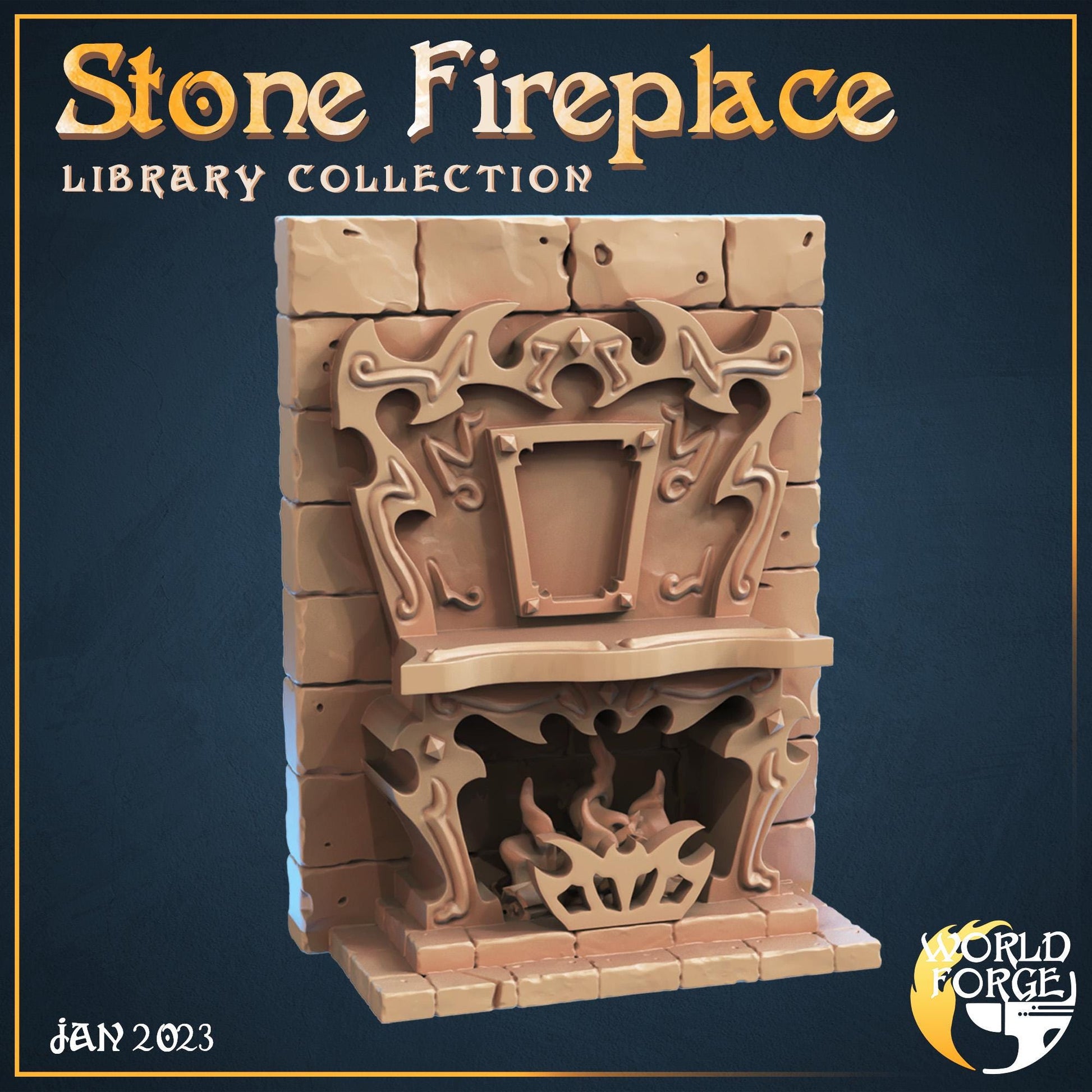 Stone Fireplace - The Grand Library Collection - 32mm Scale - Unpainted Miniature for DnD, Pathfinder, Tabletop RPGs, and Dioramas