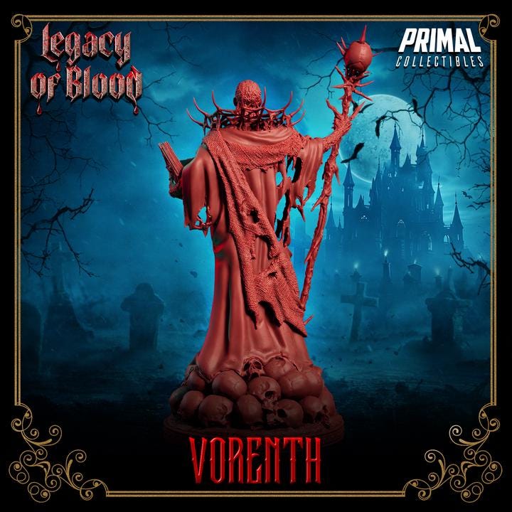Undead Necromancer, Vorenth, Legacy of Blood - 28mm, 32mm, 75mm Scale - Unpainted Miniature for DnD, Pathfinder, Tabletop RPGs