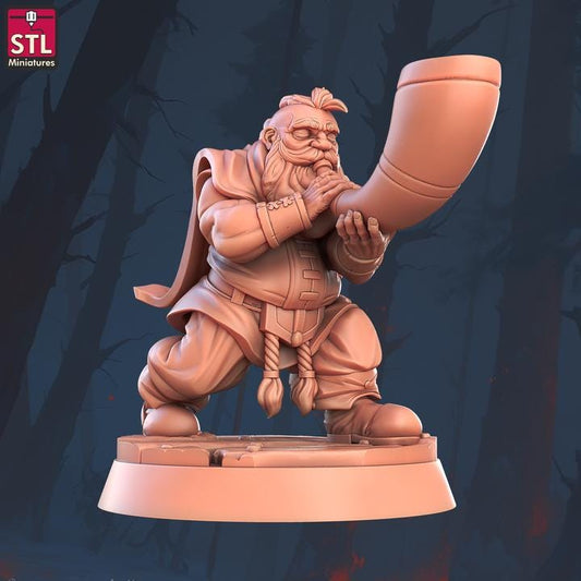 Dwarf with Horn, Dwarf Bard - Town Festival Set - 32mm Scale - Unpainted Miniature for DnD, Pathfinder, Tabletop RPGs - STL Miniatures