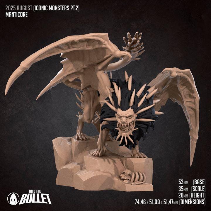 Manticore - 32mm, 35mm Scale - Unpainted Miniature for DnD, Pathfinder, Tabletop RPGs - Bite the Bullet