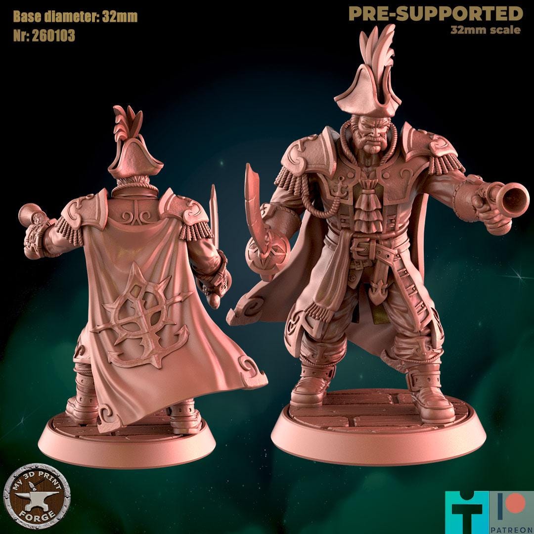 Admiral, Human Sailor, 3 Poses - Port Town Humans - 32mm Scale - Unpainted Miniature for DnD, Pathfinder, Tabletop RPGs - My3dPrintForge