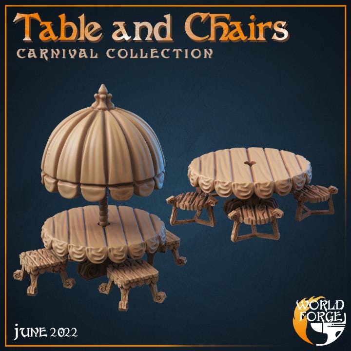 Table & Chairs - Mirthlight Carnival Collection - 32mm Scale - Unpainted Miniature for DnD, Pathfinder, Tabletop RPGs, and Dioramas