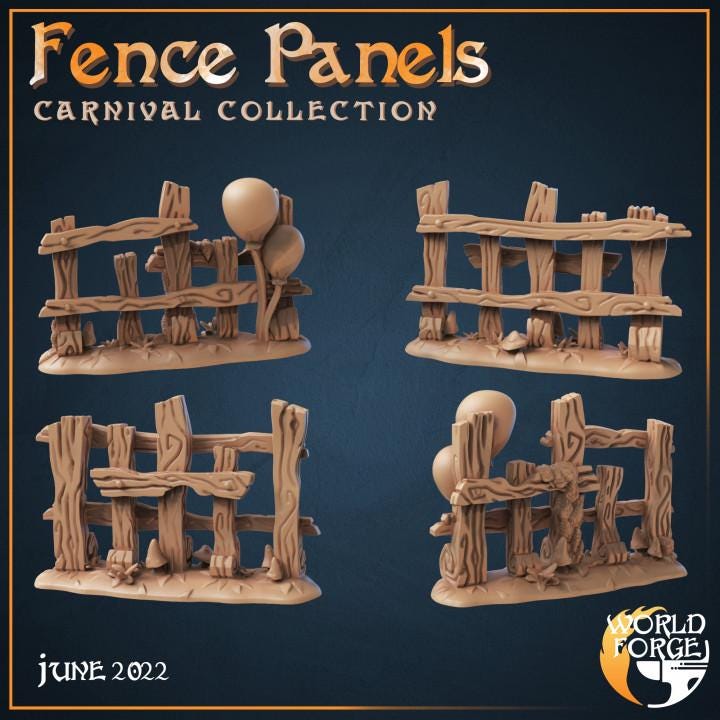 Carnival Fence Panels - 4 Piece Set - Mirthlight Carnival Collection - 32mm Scale - Unpainted Miniature for DnD, Pathfinder, Tabletop RPGs