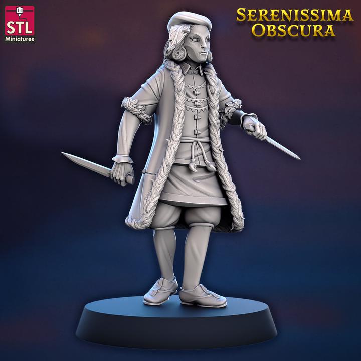 Female Masked Citizen, Pose A - Serenissima Obscura - 32mm Scale - Unpainted Miniature for DnD, Pathfinder, Tabletop RPGs - STL Minis