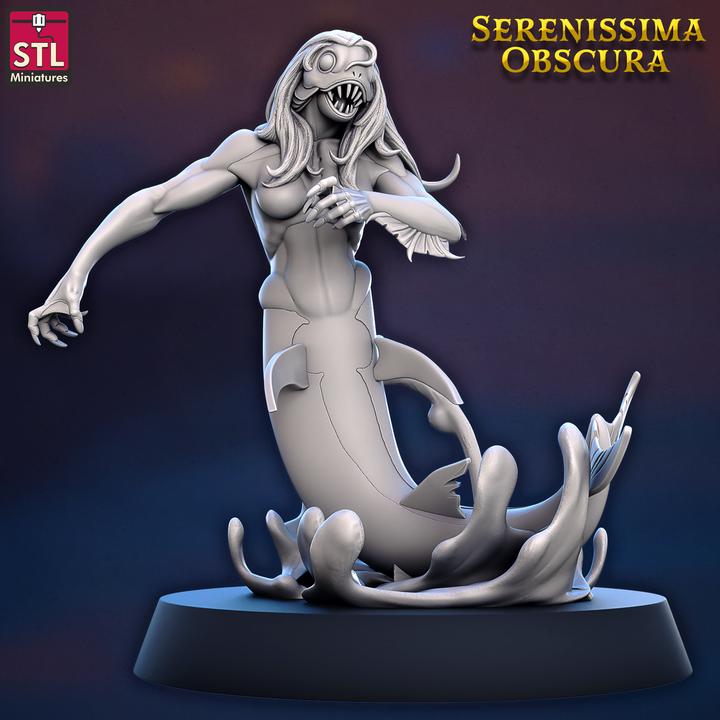 Saba, Female Fishfolk - Serenissima Obscura - 32mm Scale - Unpainted Miniature for DnD, Pathfinder, Tabletop RPGs - STL Miniatures