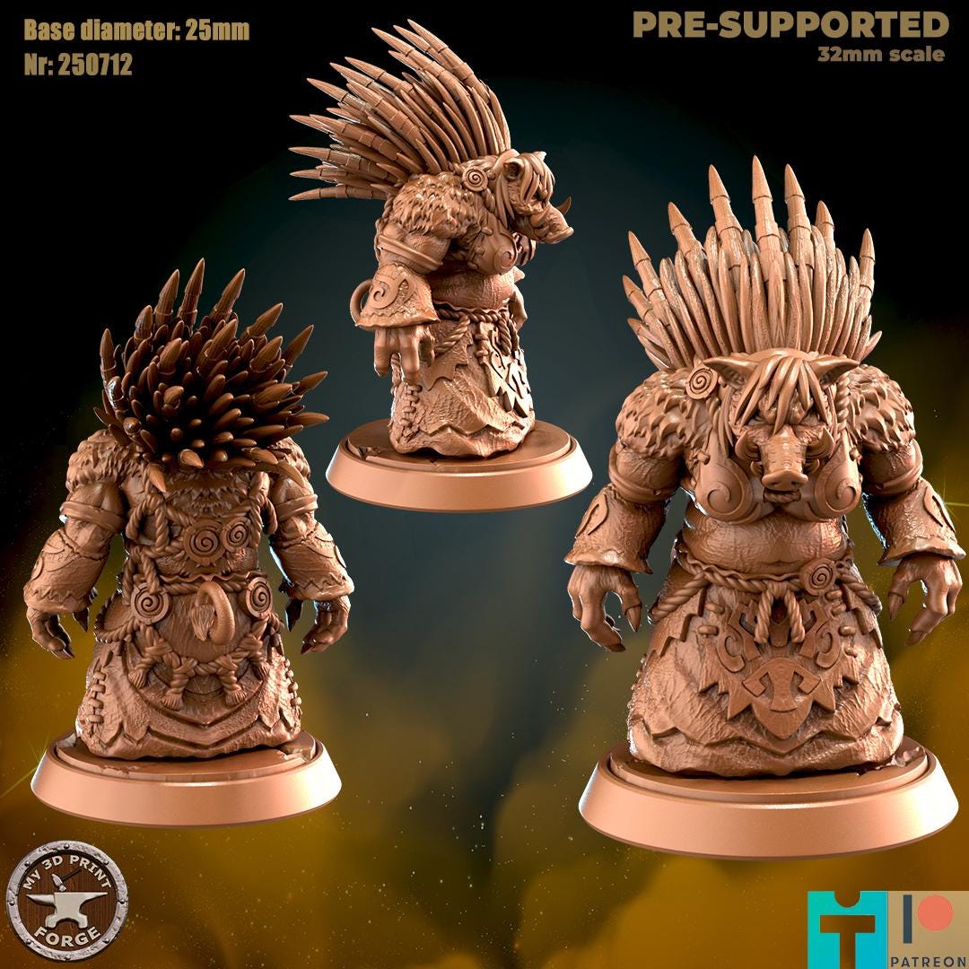 Spined Boarfolk Seer - 3 Poses - 32mm Scale - Unpainted Miniature for DnD, Pathfinder, Tabletop RPGs - My3dPrintForge
