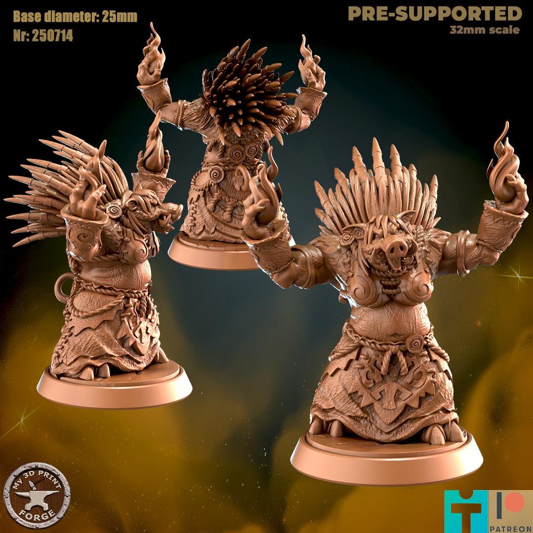 Spined Boarfolk Seer - 3 Poses - 32mm Scale - Unpainted Miniature for DnD, Pathfinder, Tabletop RPGs - My3dPrintForge