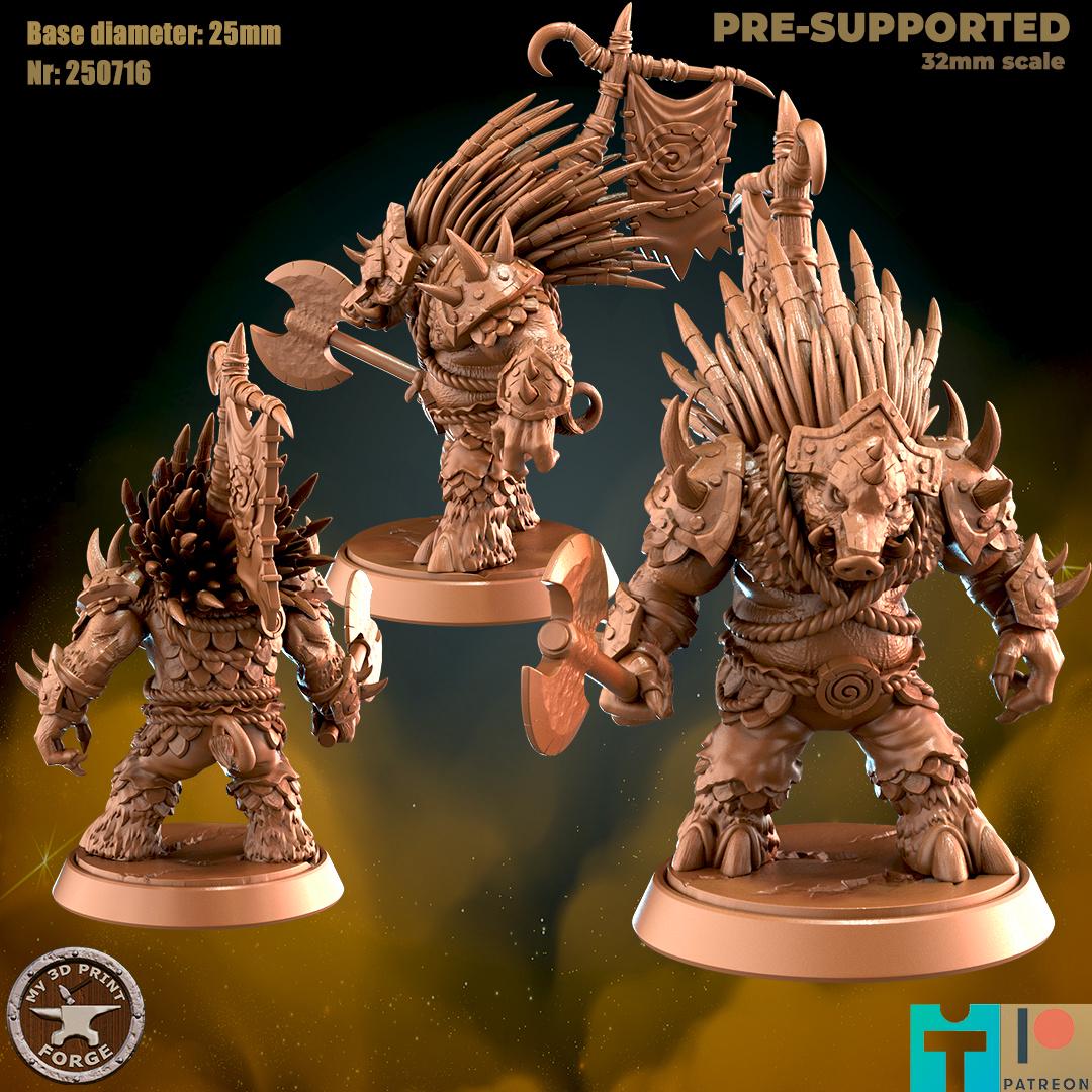Spined Boarfolk Barbarian - 3 Poses - 32mm Scale - Unpainted Miniature for DnD, Pathfinder, Tabletop RPGs - My3dPrintForge