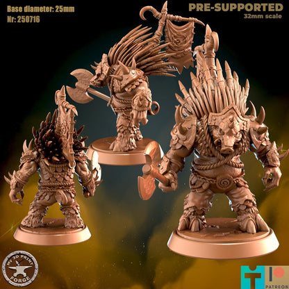 Spined Boarfolk Barbarian - 3 Poses - 32mm Scale - Unpainted Miniature for DnD, Pathfinder, Tabletop RPGs - My3dPrintForge