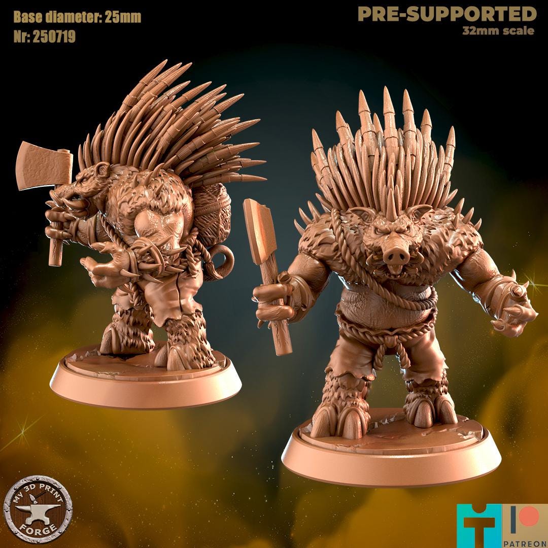 Spined Boarfolk Hunter - 3 Poses - 32mm Scale - Unpainted Miniature for DnD, Pathfinder, Tabletop RPGs - My3dPrintForge