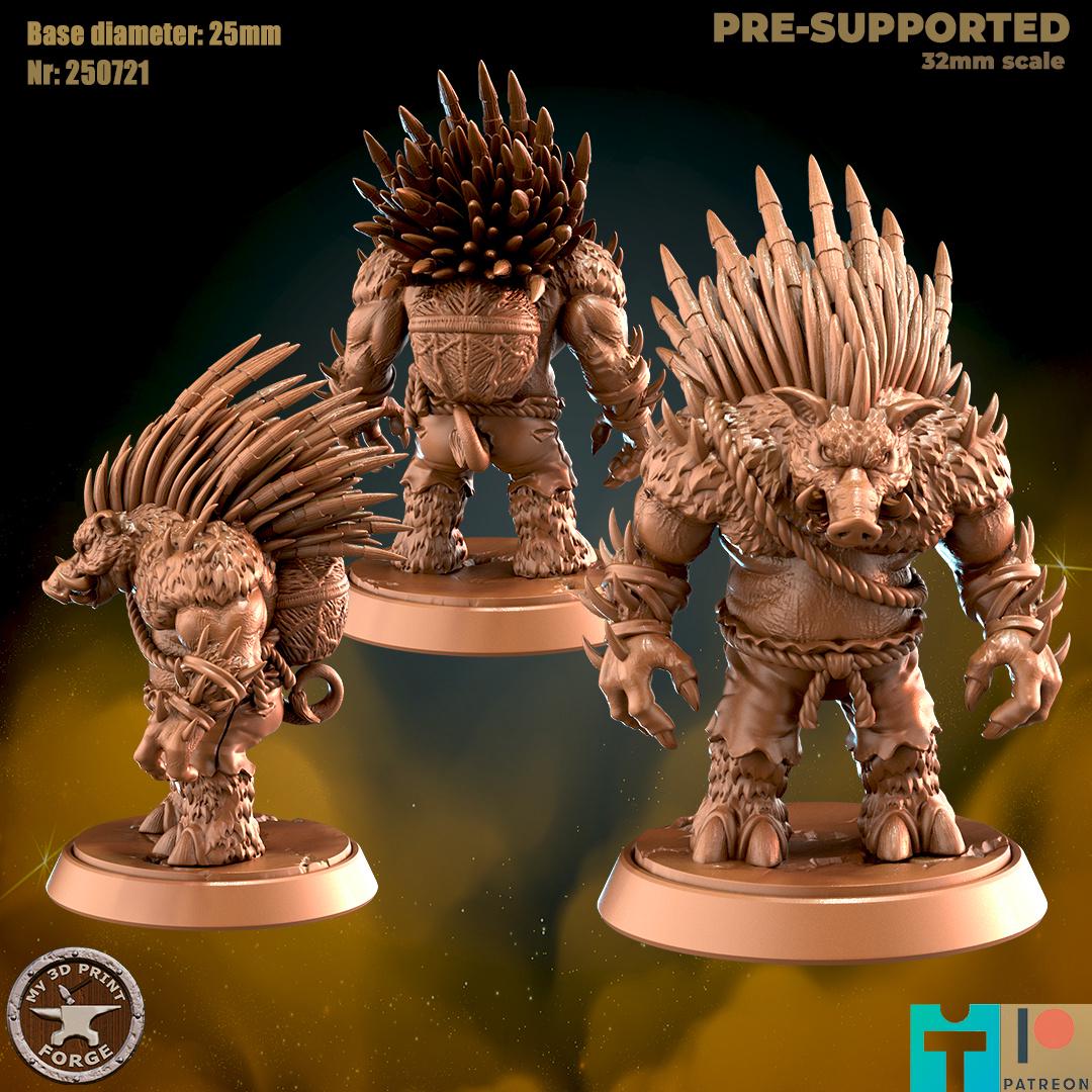 Spined Boarfolk Hunter - 3 Poses - 32mm Scale - Unpainted Miniature for DnD, Pathfinder, Tabletop RPGs - My3dPrintForge
