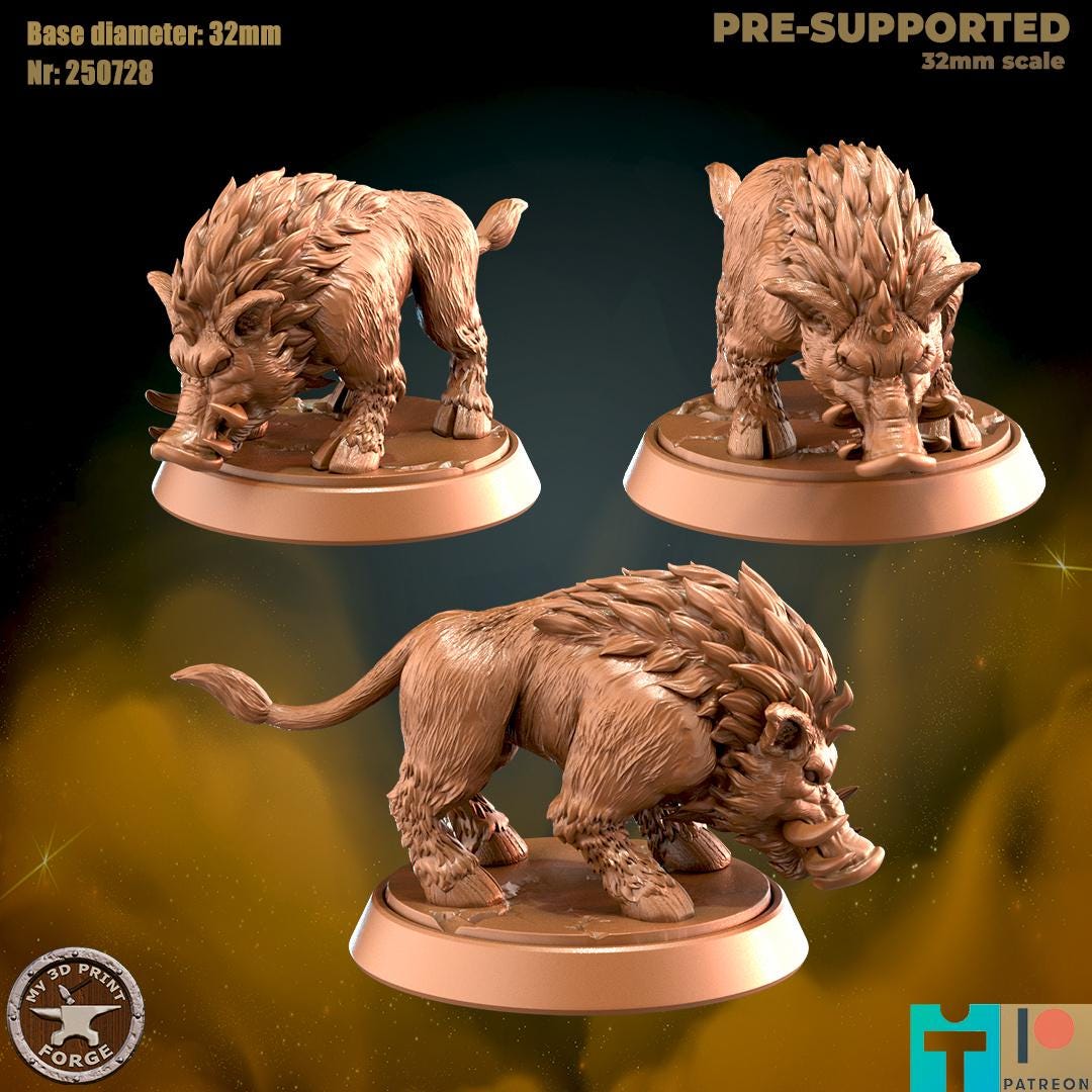 Maned Boar - 2 Poses - 32mm Scale - Unpainted Miniature for DnD, Pathfinder, Tabletop RPGs - My3dPrintForge