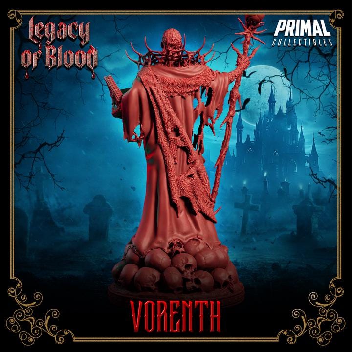 Undead Necromancer, Vorenth, Legacy of Blood - 28mm, 32mm, 75mm Scale - Unpainted Miniature for DnD, Pathfinder, Tabletop RPGs