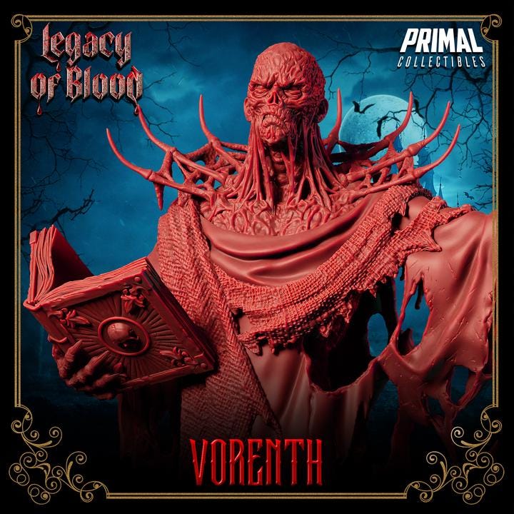 Undead Necromancer, Vorenth, Legacy of Blood - 28mm, 32mm, 75mm Scale - Unpainted Miniature for DnD, Pathfinder, Tabletop RPGs