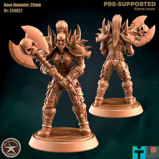 Female Orc Warrior with Spined Armor, 3 Poses - Unpainted Miniature