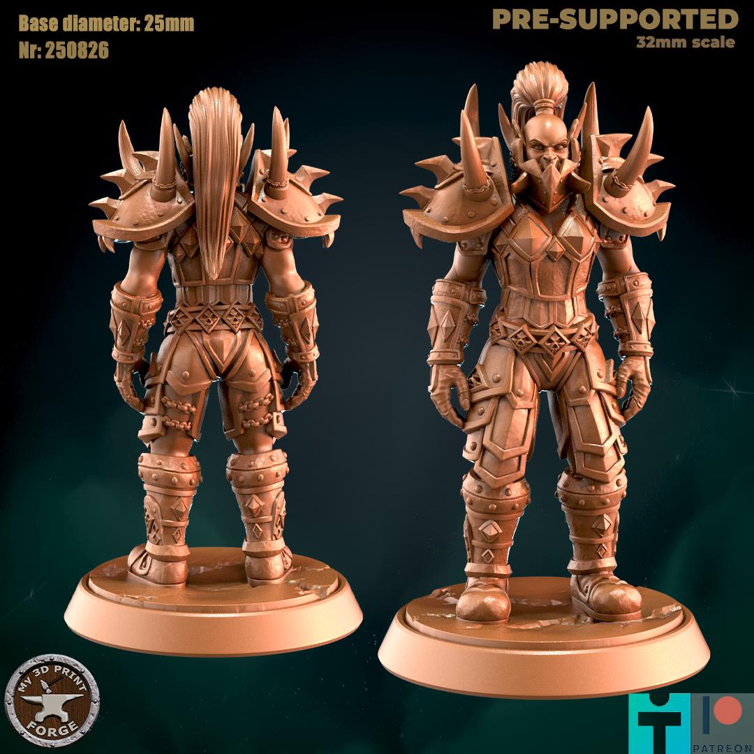 Female Orc Warrior with Spined Armor, 3 Poses - Unpainted Miniature