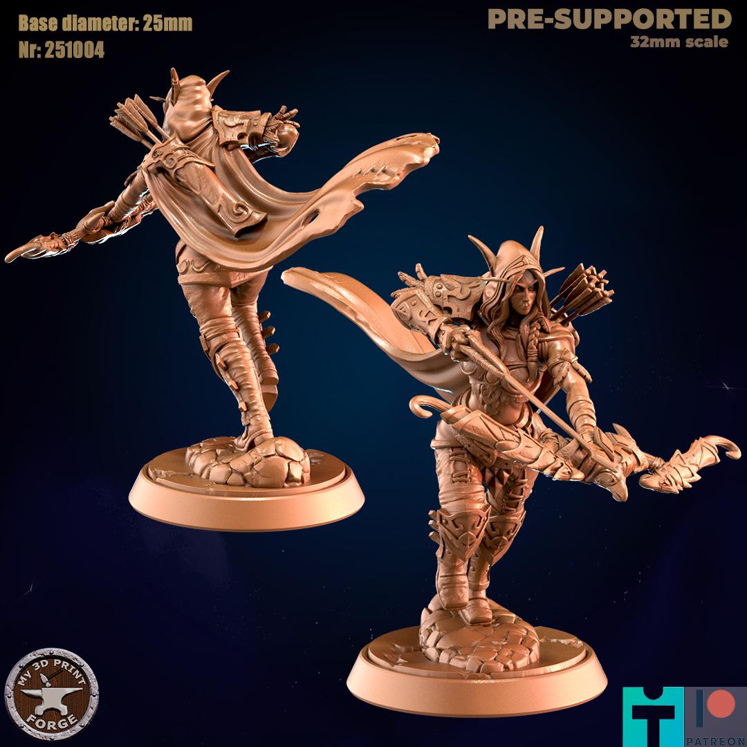 Female Elven Archer with Hooded Cloak, 2 Poses - 32mm Scale - Unpainted Miniature