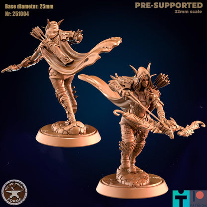 Female Elven Archer with Hooded Cloak, 2 Poses - 32mm Scale - Unpainted Miniature