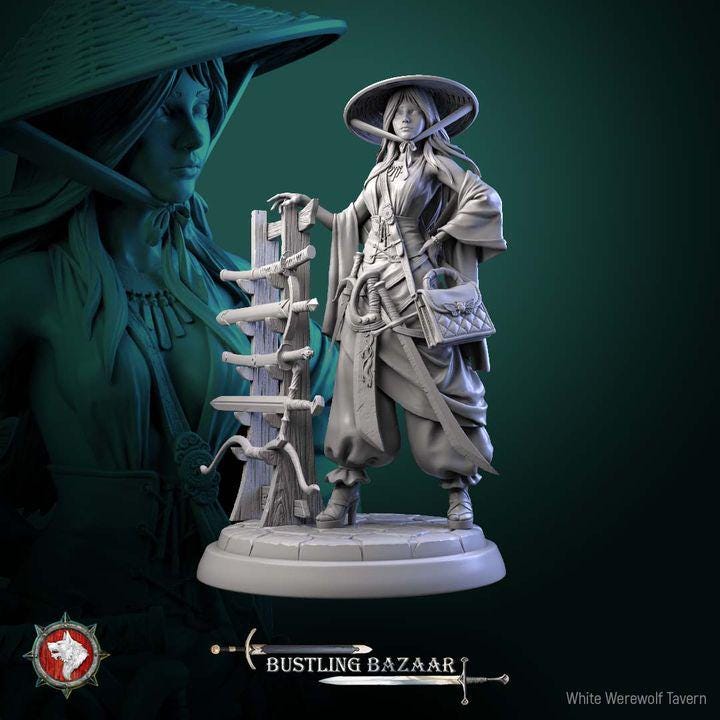Human Weapon Merchant, Rika Sharpwind - Bustling Bazaar- Unpainted Miniature