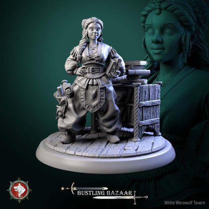 Dwarf Bookseller, Beatrix Wordwright - Bustling Bazaar- Unpainted Miniature