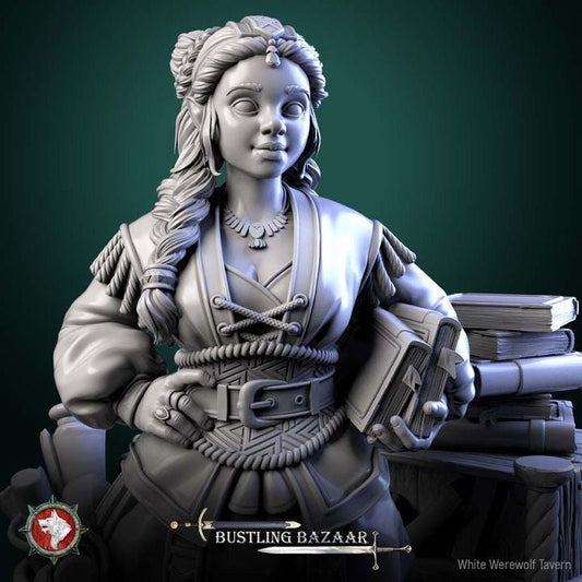 Dwarf Bookseller, Beatrix Wordwright - Bustling Bazaar- Unpainted Miniature