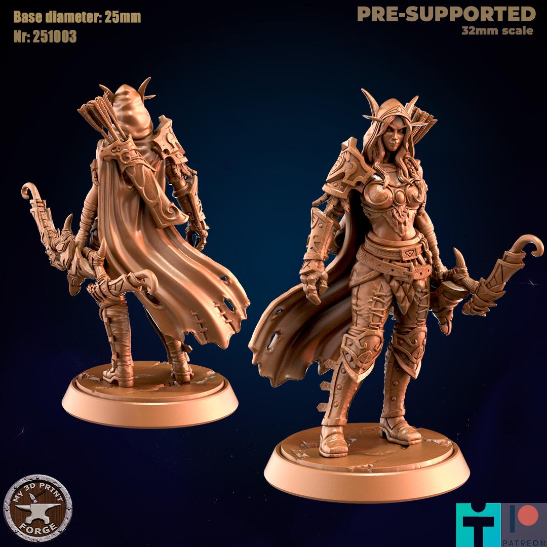 Female Elven Archer with Hooded Cloak, 2 Poses - 32mm Scale - Unpainted Miniature