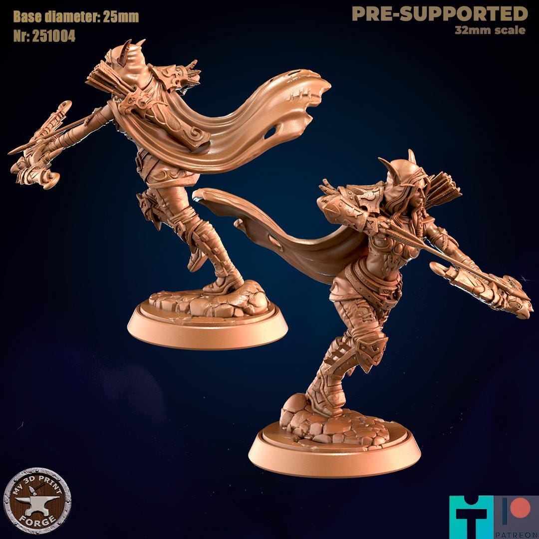 Female Elven Archer with Hooded Cloak, 2 Poses - 32mm Scale - Unpainted Miniature