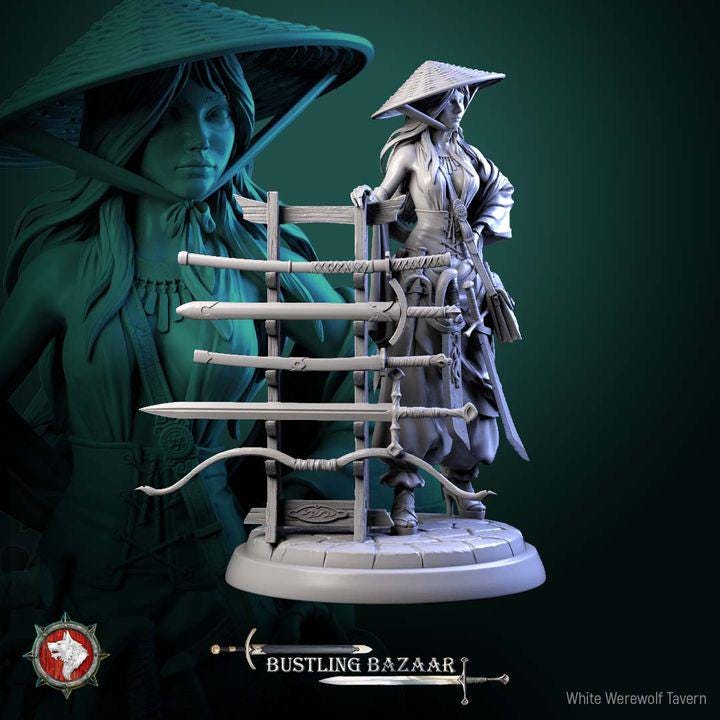 Human Weapon Merchant, Rika Sharpwind - Bustling Bazaar- Unpainted Miniature