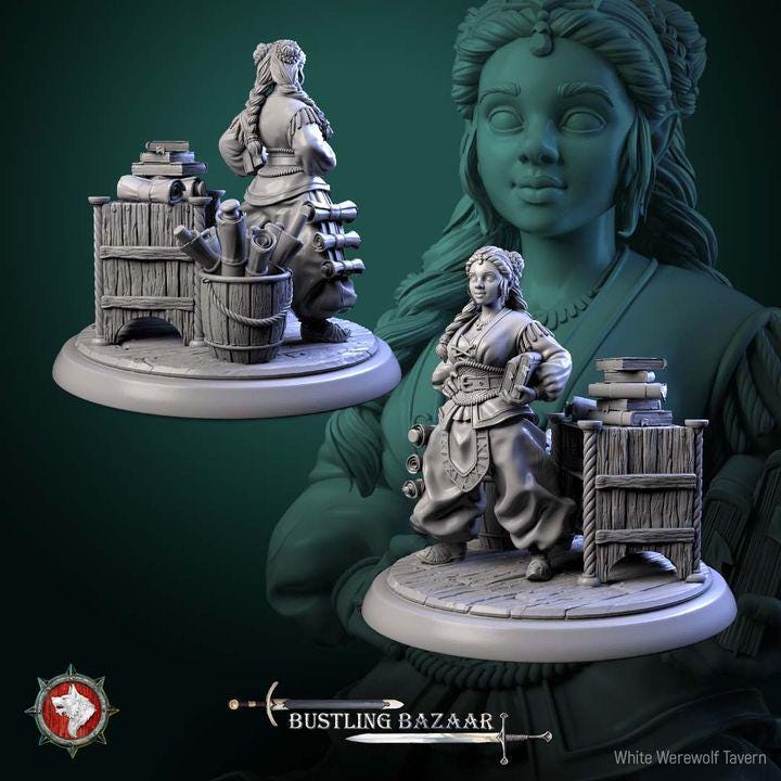 Dwarf Bookseller, Beatrix Wordwright - Bustling Bazaar- Unpainted Miniature