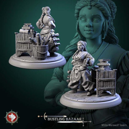 Dwarf Bookseller, Beatrix Wordwright - Bustling Bazaar- Unpainted Miniature