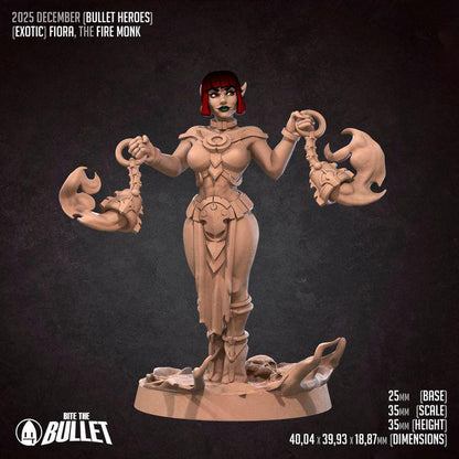 Fiora the Fire Monk, 2 Poses, Pinup - 32mm, 35mm Scale - Unpainted Miniature
