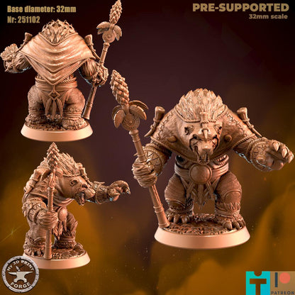 Werebear Shaman Leader, 2 Poses - 32mm Scale - Unpainted Miniature