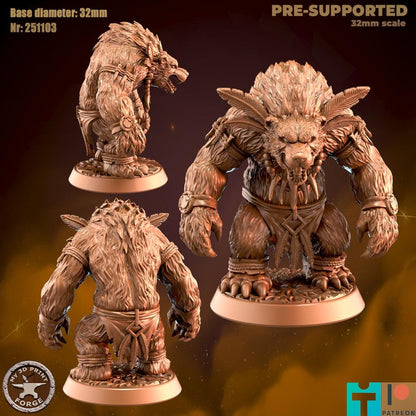 Feral Werebear, 2 Poses - 32mm Scale - Unpainted Miniature