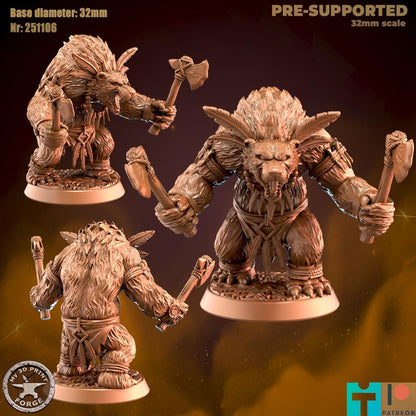 Werebear with Axes, 2 Poses - 32mm Scale - Unpainted Miniature