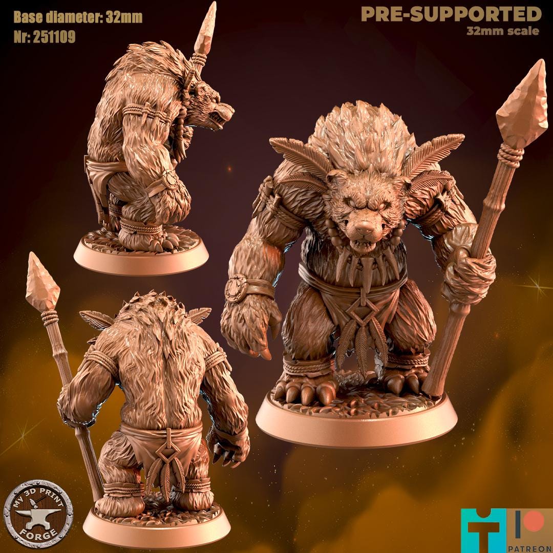 Werebear with Spear, 2 Poses - 32mm Scale - Unpainted Miniature