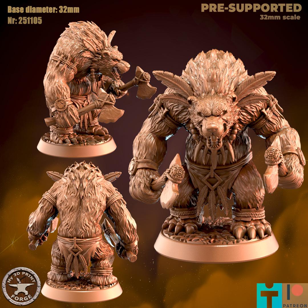 Werebear with Axes, 2 Poses - 32mm Scale - Unpainted Miniature