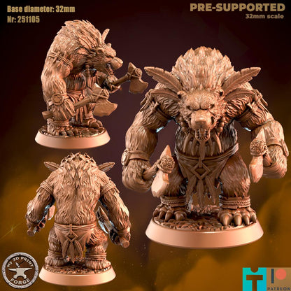 Werebear with Axes, 2 Poses - 32mm Scale - Unpainted Miniature