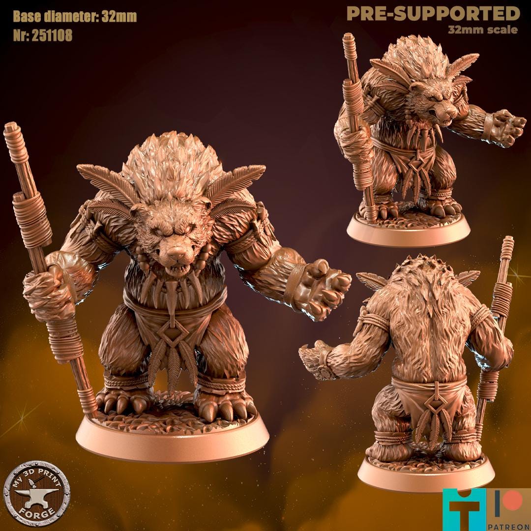 Werebear Mage, 2 Poses - 32mm Scale - Unpainted Miniature