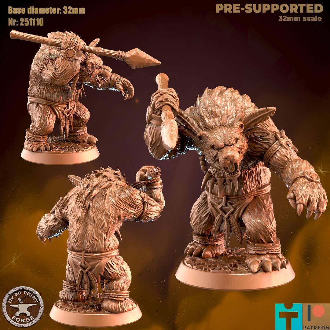 Werebear with Spear, 2 Poses - 32mm Scale - Unpainted Miniature