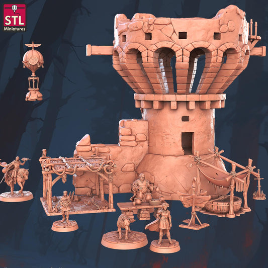 Falconry Tower Set - Townsfolk NPCs - 32mm Scale - Unpainted Miniature