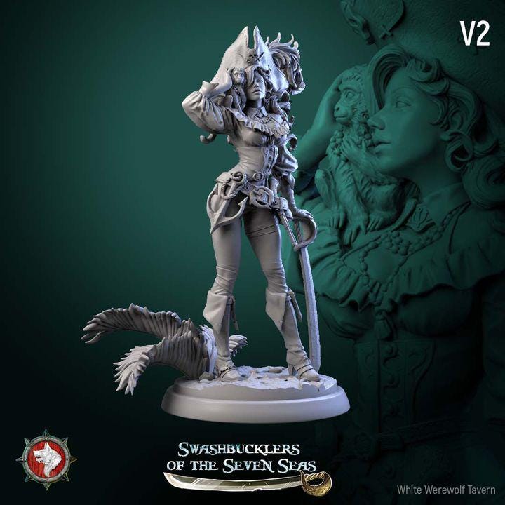 Elisa Stormbreaker, Female Pirate - 32mm, 75mm Scale - Unpainted Miniature