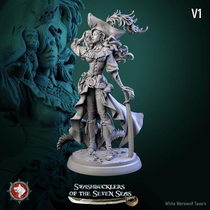 Elisa Stormbreaker, Female Pirate - 32mm, 75mm Scale - Unpainted Miniature