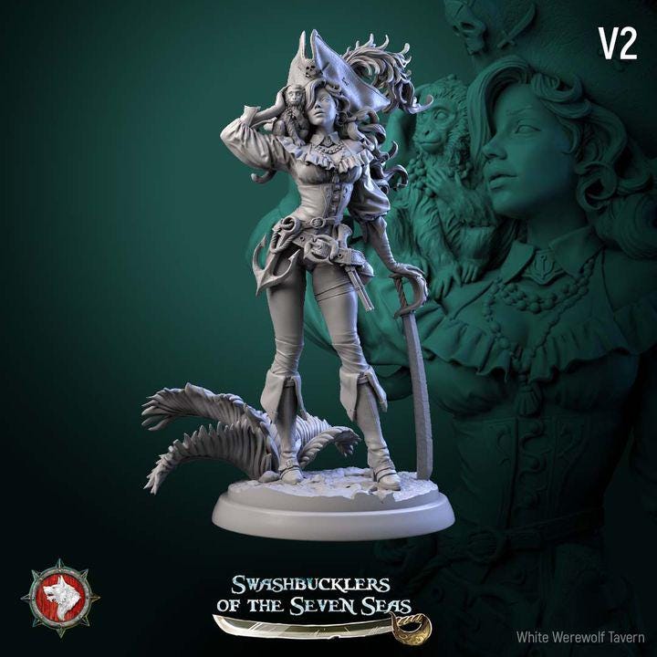 Elisa Stormbreaker, Female Pirate - 32mm, 75mm Scale - Unpainted Miniature